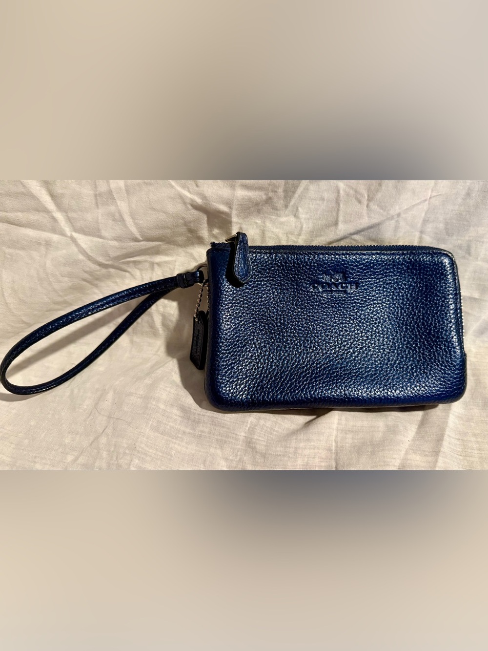 Coach Double Zip Wristlet Midnight Navy Metallic Pebbled Leather Wallet Clutch